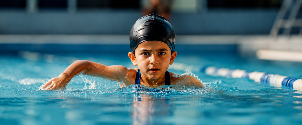 Student swimming in campus pool